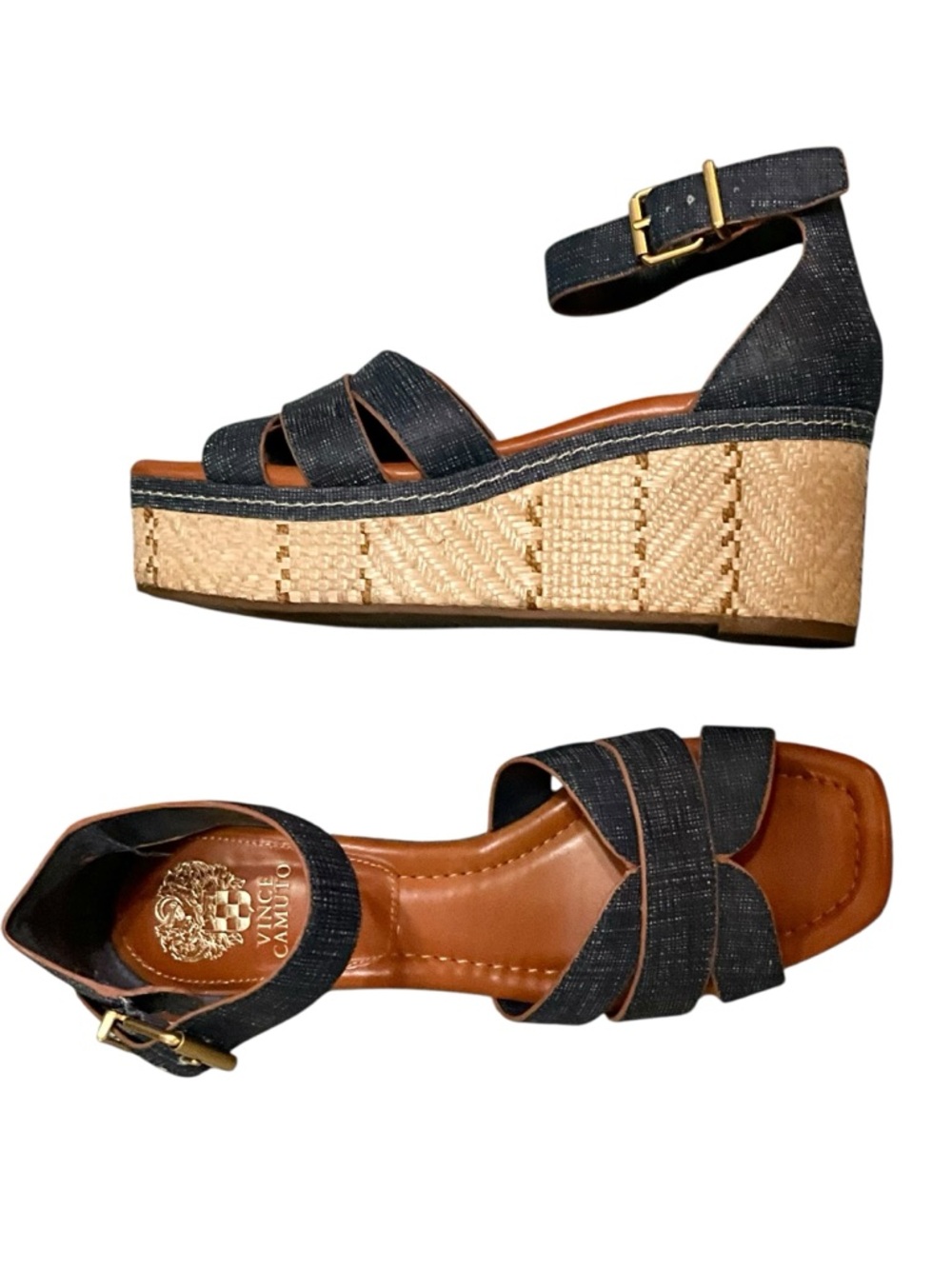 Vince Camuto Linoah Denim Espadrille Wedge Platform Ankle-Strap Sandals